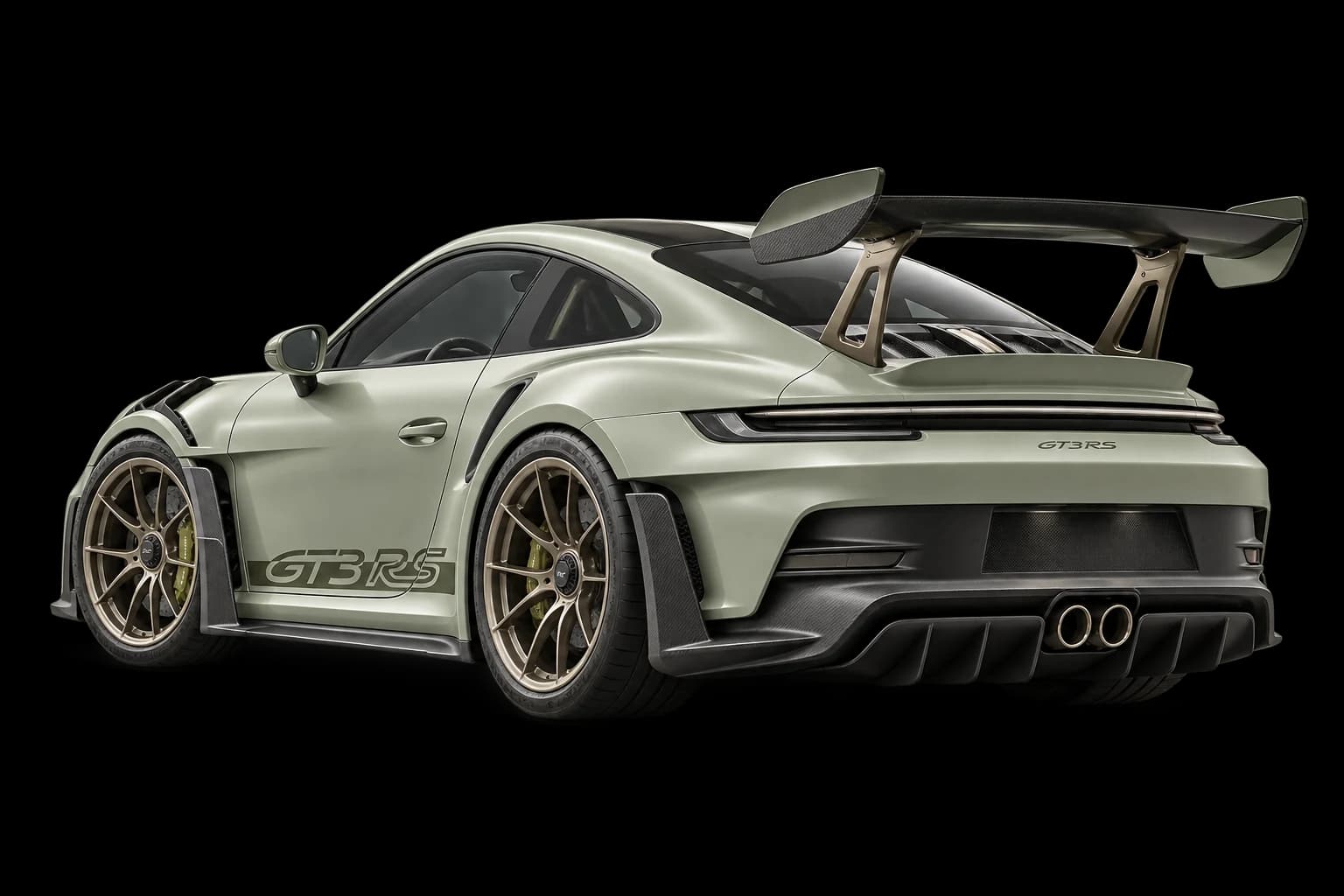 Sage and brushed-metal Porsche 911 GT3 RS model, seen from the rear three-quarter angle